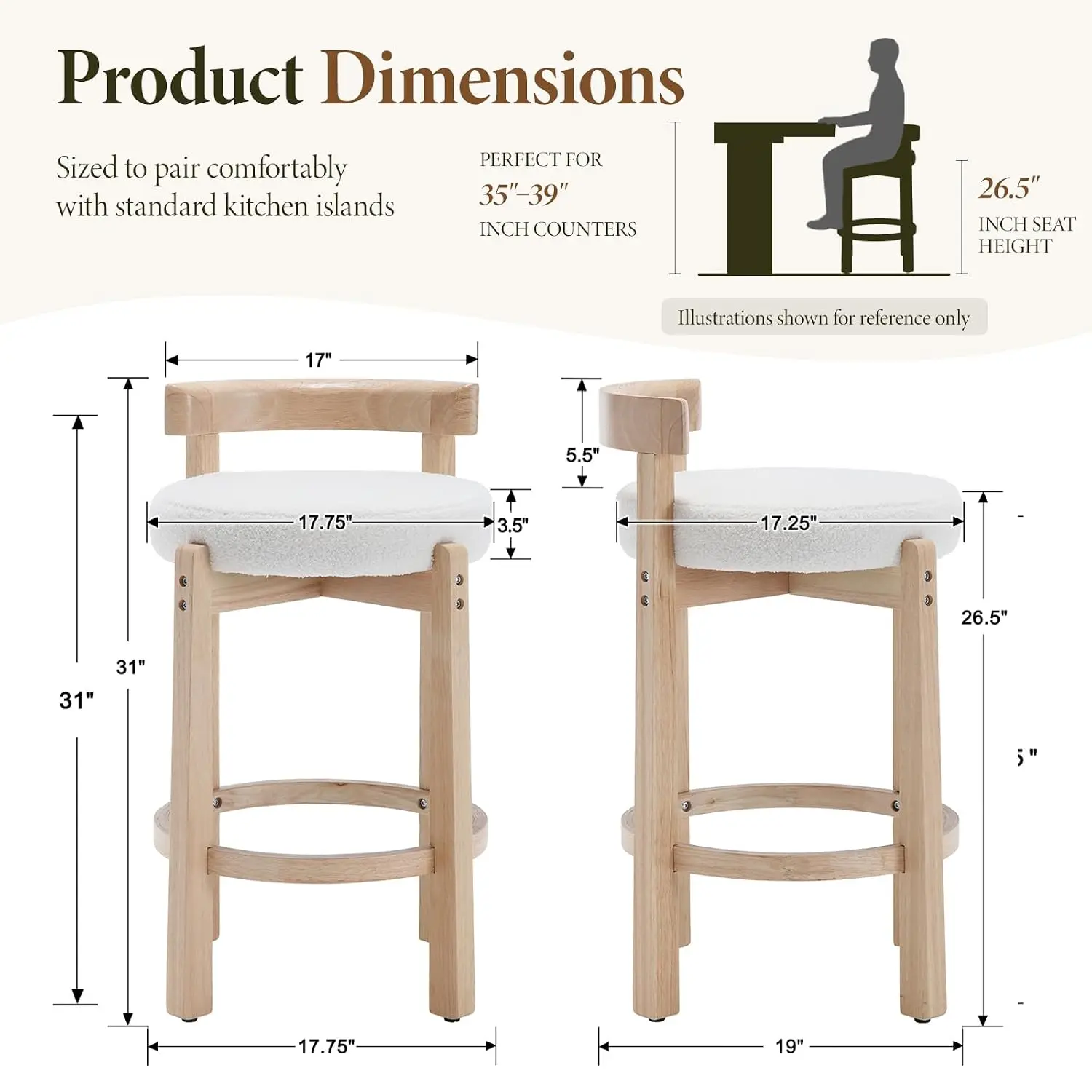 Mid-Century Bar Stools 4pc, 26.5in Sherpa Counter Height Stools with Wooden Legs for Kitchen Island Dining, Customized - view 2
