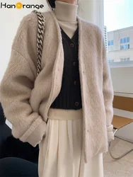 HanOrange 2024 Winter Fashion Silhouette Mohair Wool Coat Women Warm Loose Woolen Coat Light Pink/Mixed Gray