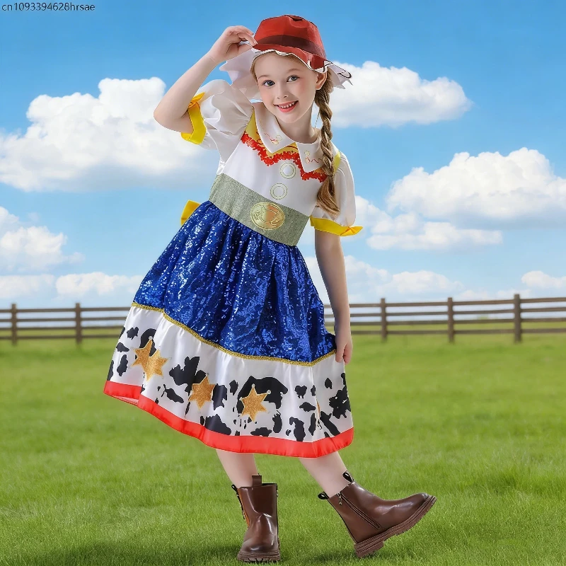 

Movie Cosplay Princess Dress enfant Shiny Dress with Big Bow Back Cute Hat and Backpack Colored Denim Little Mädchen 120-150