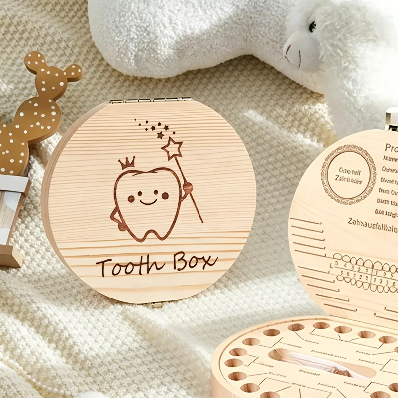 1PCS 2D Wooden Tooth Box Tooth Keepsake Storage Teeth Fetal Hair Wooden Tooth Commemorative Preservation Box Birthday Gift