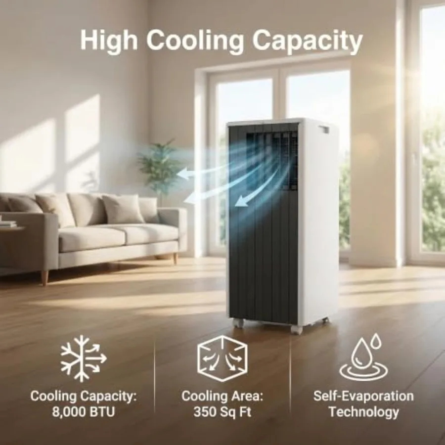 Portable air conditioner for home use, aluminum housing, white color, 8000 BTU cooling capacity with 3-in-1 function cool/fan/d