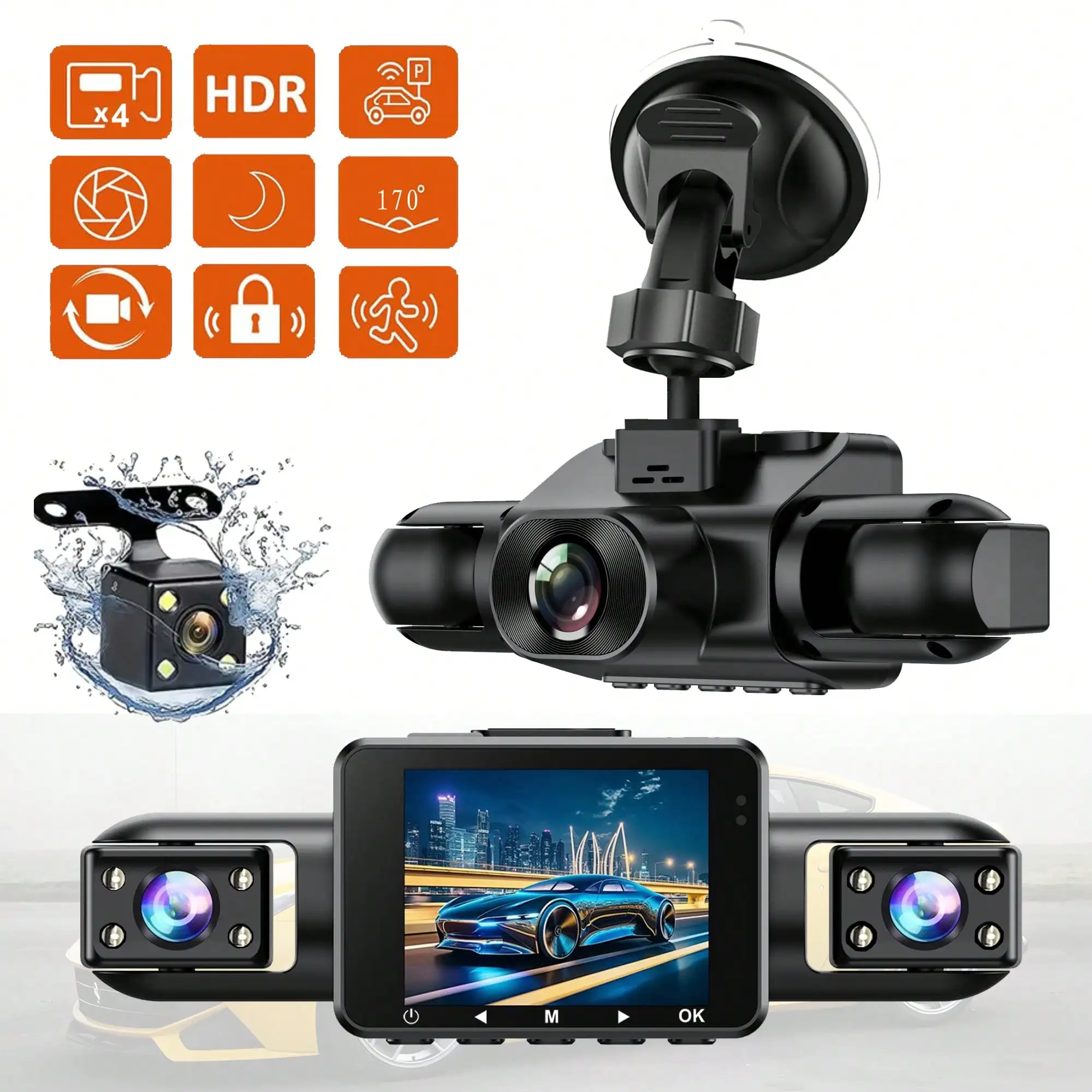 

360° View 4-Channel Dash Cam, FHD recording for front, rear, left and right. Comes with 2-inch display and loop recording function, SD card not included.