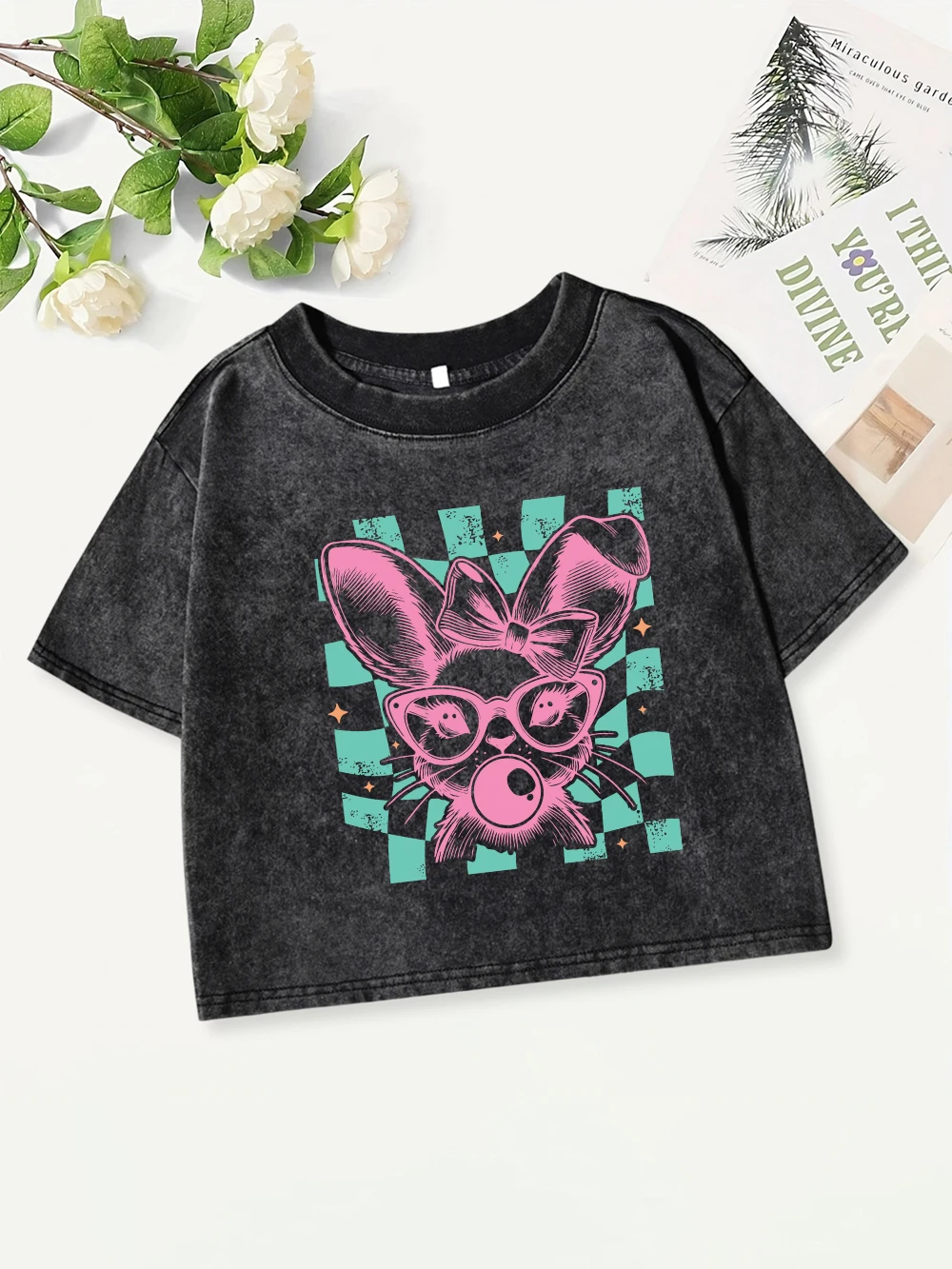 

Summer Cotton Crop Tops Womens The Pink Bunny Prints Washed T-Shirts Casual Regular Fit O-Neck Streetwear Fashion Womans Clothes