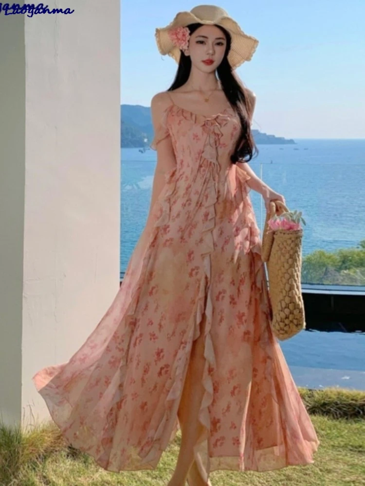 

French Style Sweet Pink Floral Print Dresses Ruffles Lace-up Backless Camisole Dress Women Summer Beach Vacation Birthday Party
