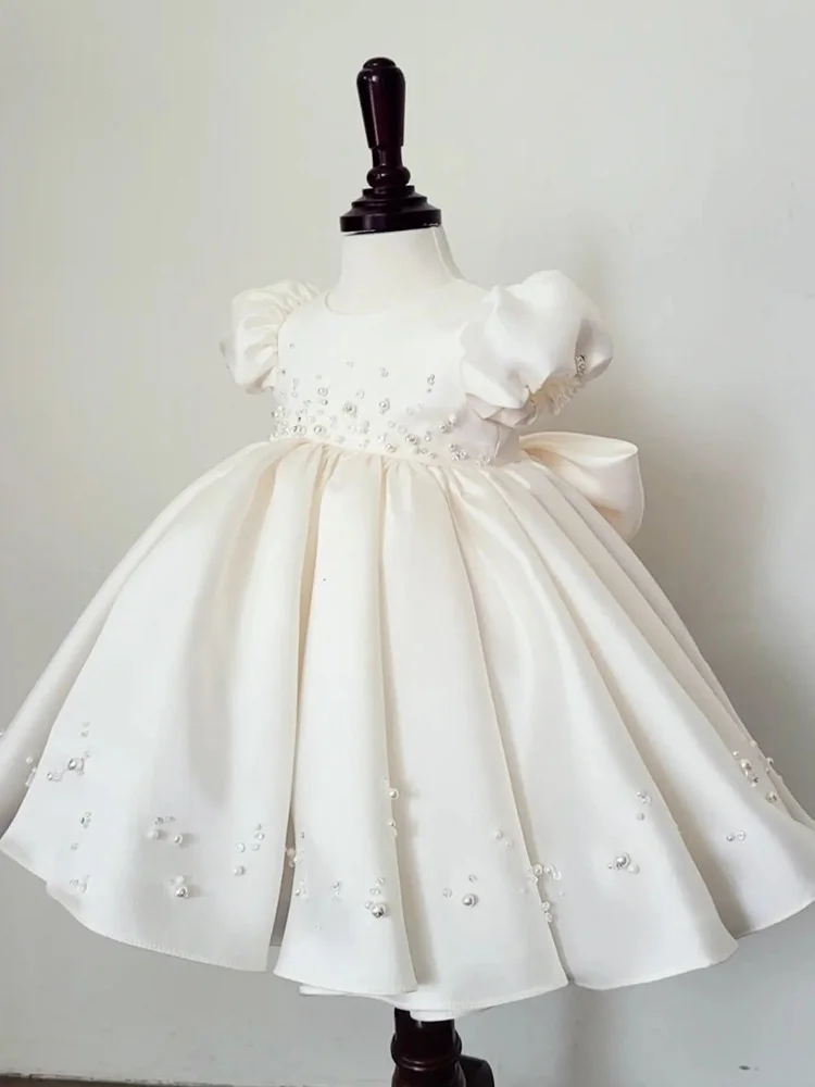 

Custom Flower Girl Dress Wedding Dress First Christmas Party Kids Puffed Short Sleeve Satin Dress With Beaded Accents And Back