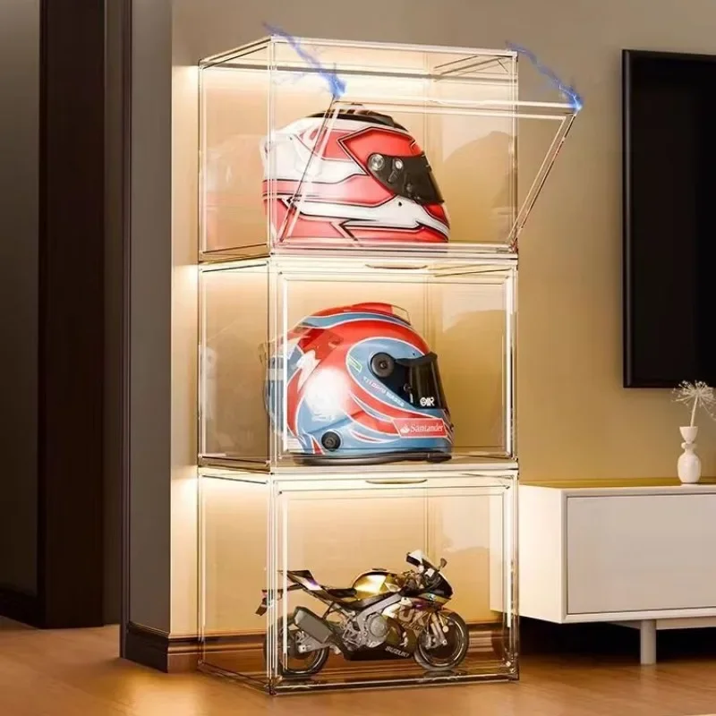 Modern Transparent Display Stand Cabinet Helmet Motorcycle Hat Dustproof Acrylic Helmet Storage Shelf Rack Multi-layer Showcase