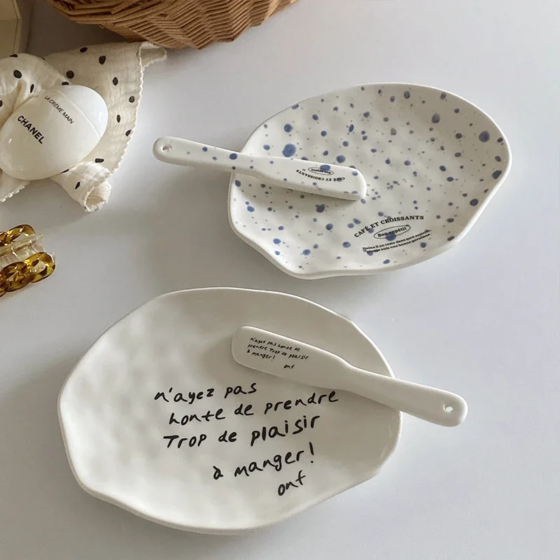 Ceramic Plate Dinner Set INS Lovely Tulip Donuts Butter Cheese Knife French Dessert Plate Jam Cream Spatula Wedding Tableware