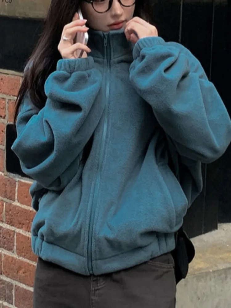 

Chic Autumn Winter Casual Faion Stand Collar Zipper Versatile Warm Fce Sweatirt Jaet Women's Loose Fit Long Sve