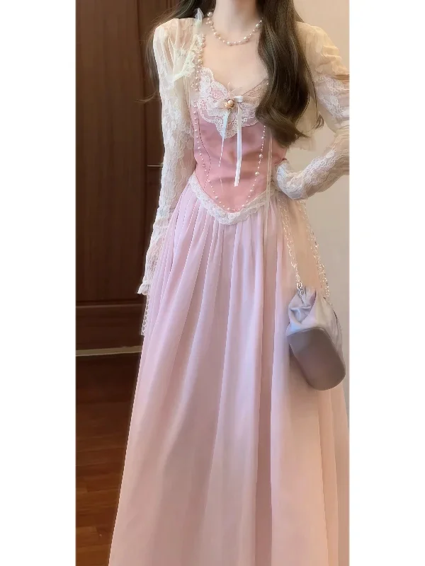 

Unique Beautiful Sweater Dress Set Sweet Fairy Skirt Two-Piece Soft Cotton French Style Floral Embellished Slim Fit Urban Com...