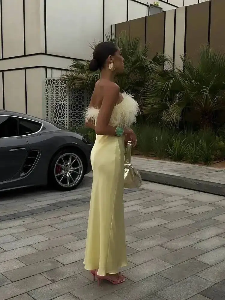 Elegant Satin Feather Strapless Dress Sexy Backless Off Shoulder Slim Fit Long Vestidos For Female Summer Party Street Gown O4Z4