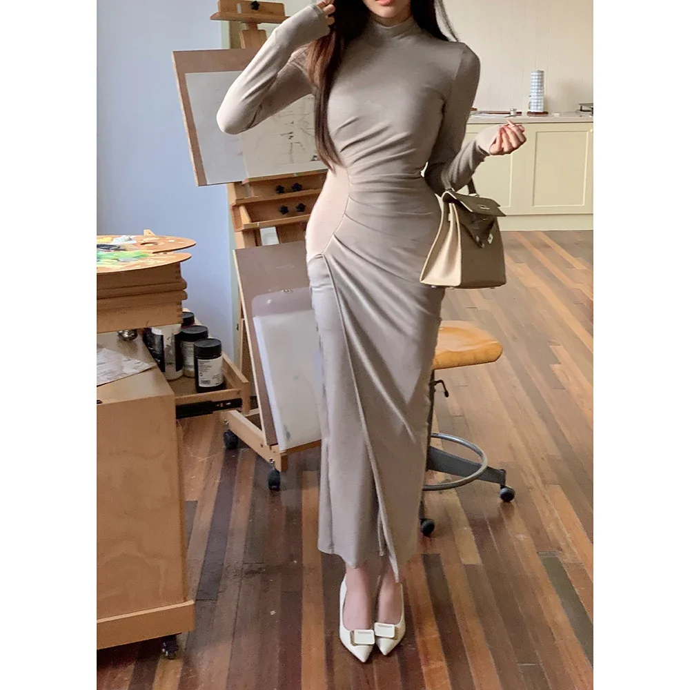 Turtleneck Thigh High Split Sexy Maxi Dress for Women Fashion Long Sleeve Ruched Bodycon Club Long Dress