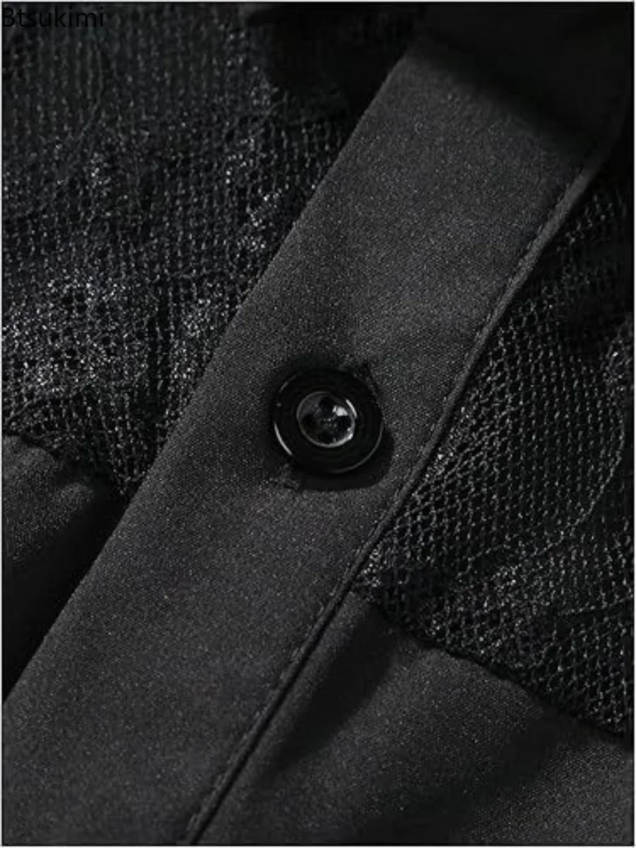 Summer Men's Luxury Mesh Lace Shirts Leisure Hollow-Out Patchwork Short Sleeve Floral Printed Buttoned See-through Male Clothing