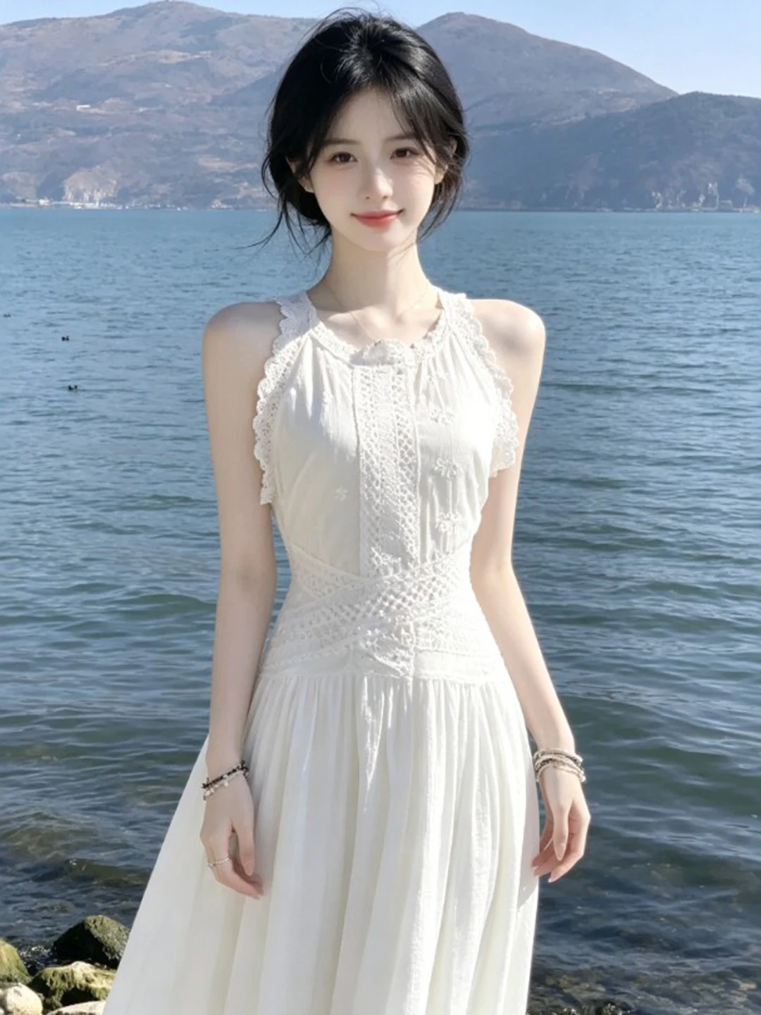 

Summer Travel Casual Cotton Blend Belted Fairy Halter Dress Women's Fashionable Slimming Midi Dress City Commute Street Style