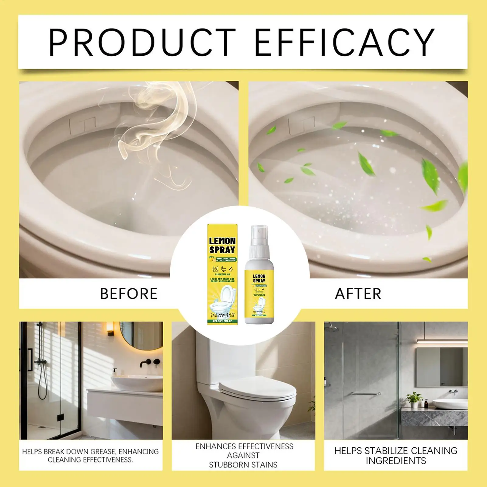 30ml Lemon Flavor Toilet Deodorizer Bathroom Spray Odor Eliminator for Home Hotel Car Travel Closet Office Apartment Fresh Air
