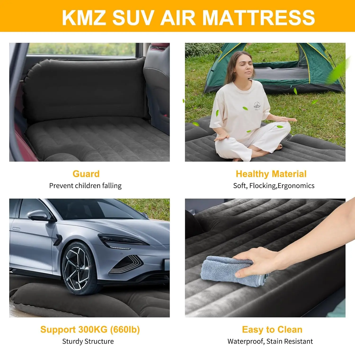 Matelas pneumatique SUV épais, lit gonflable floqué double face avec oreillers et pompe électrique, gris foncé