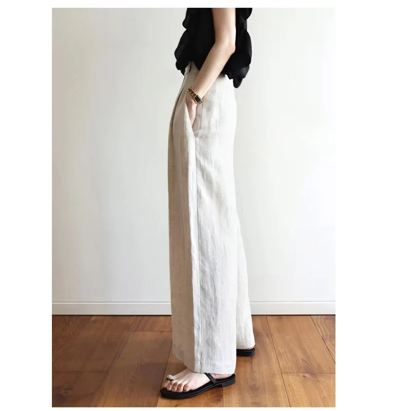 Solid Color High-end 100% Pure Linen Women's Wide-leg Long Pants with High Waist Comfortable, Loose, Breathable and Cool