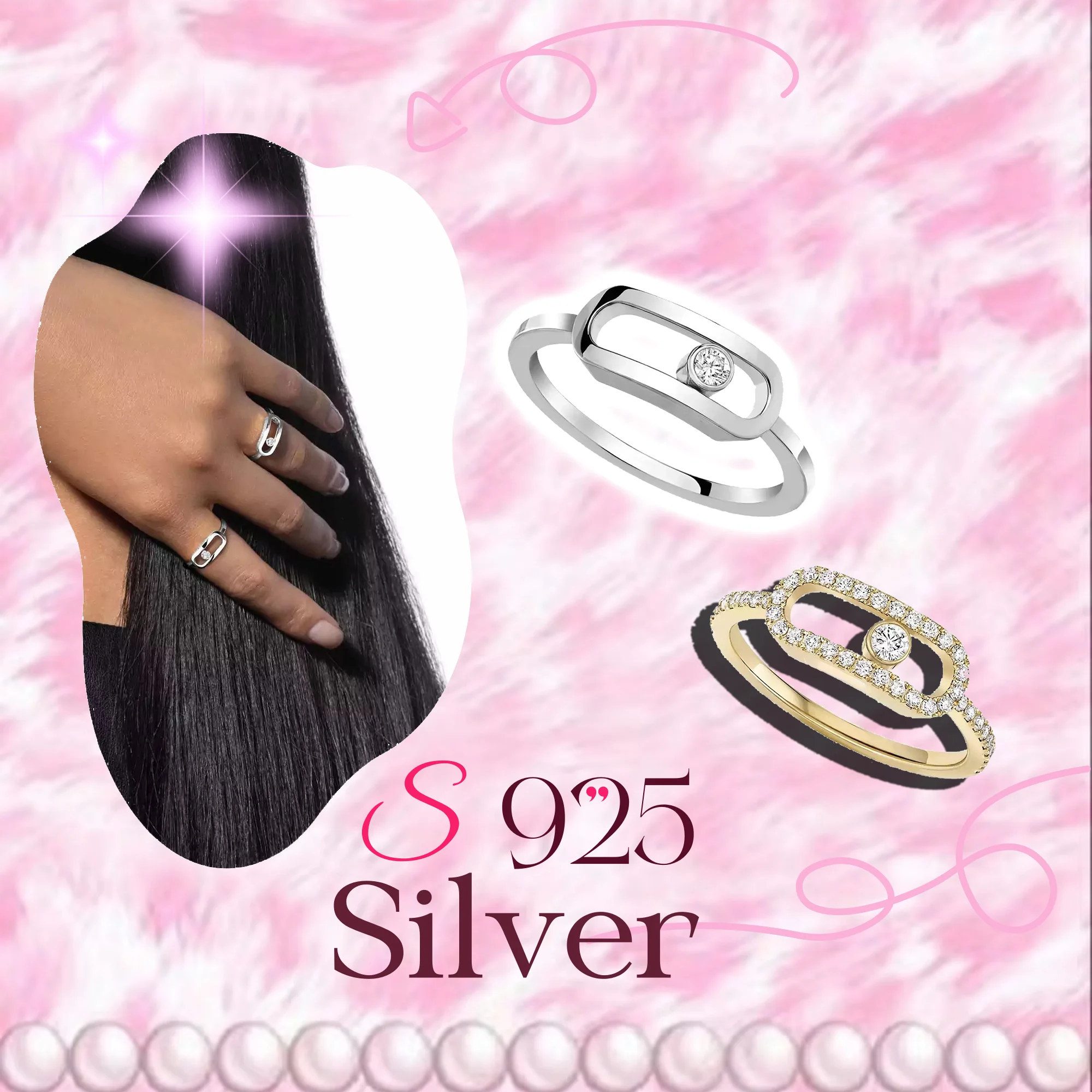

Set with sliding zircon French jewelry ring, made of French pure silver S925, office ladies' jewelry to give to mom Move Uno