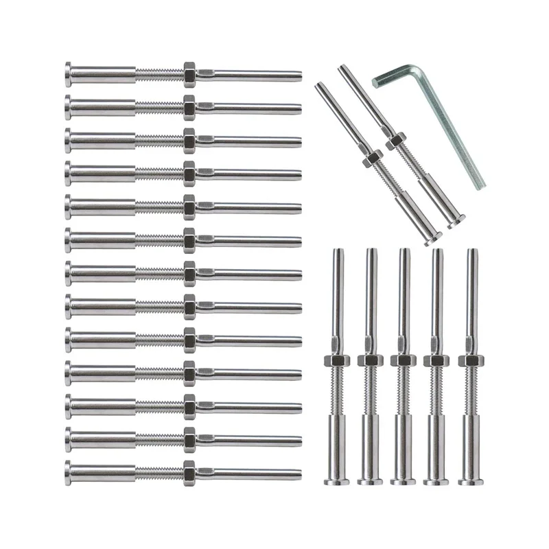 

T316 Stainless Steel Cable Railing Threaded Stud Turnbuckle Receiver and Tensioner, 20 Pack Flat Head Shank Terminal for 1/8 Cab