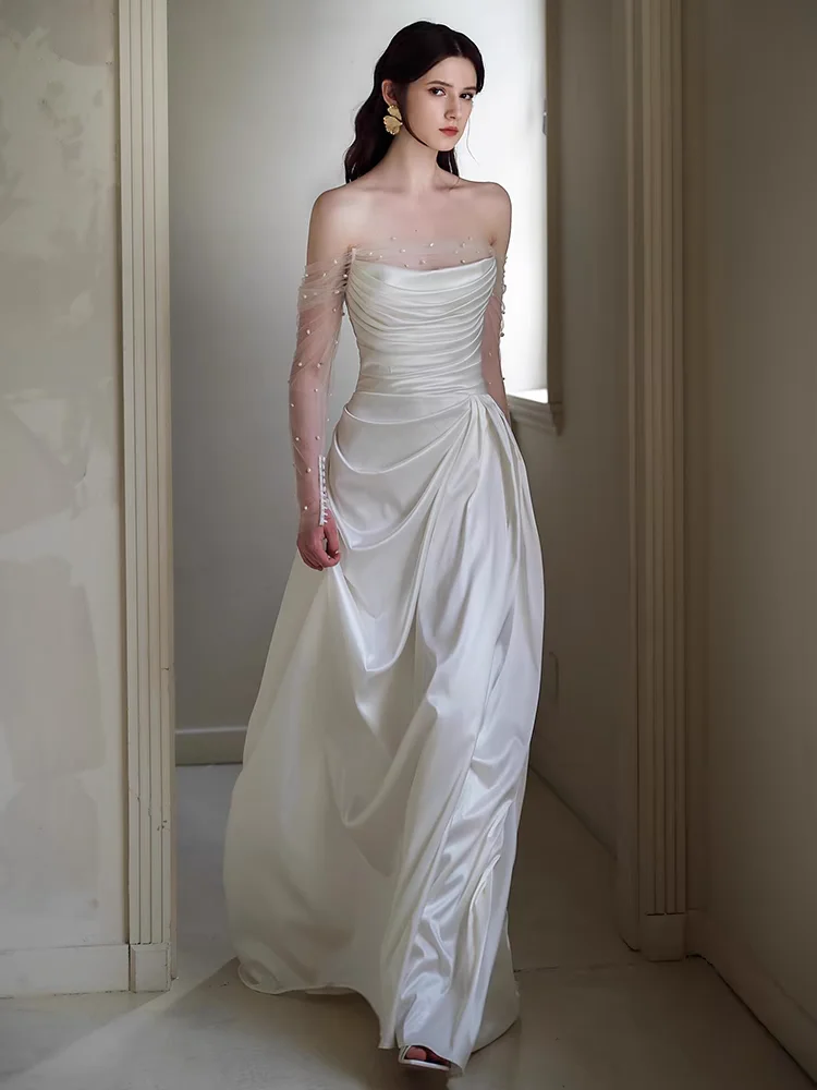 

White Satin Evening Dress Lace Bride-to-be Gown Wedding Reception Dress Long Sleeve Floor Length Fashionable mid Waist