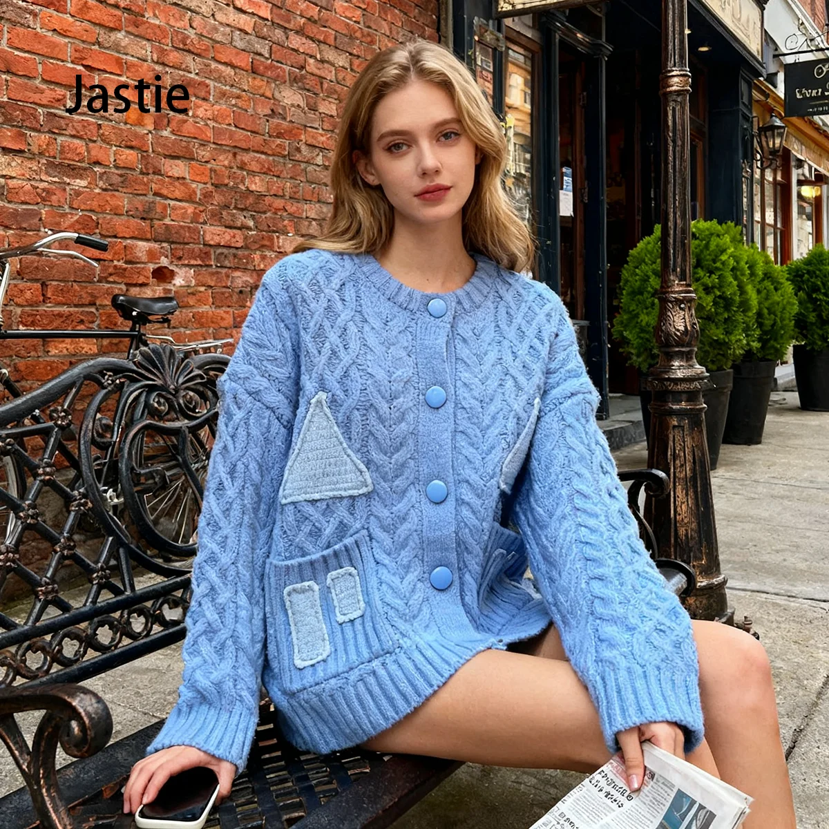 

Light Blue Cable Knit Cardigan With Geometric Patches Women's Sweater Cardigan Coat