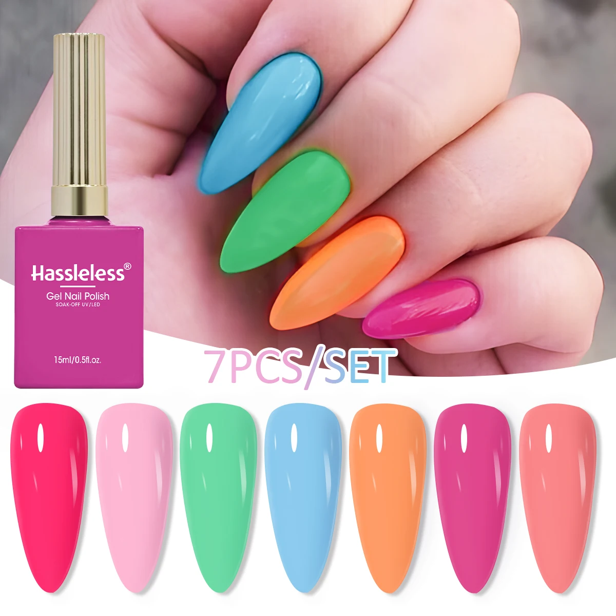 Hassleless 7-Piece 15ml Gel Nail Polish Set, A New Trendy Nail Polish Set, Removable, Featuring Nail Art Designs, Alcohol-Free