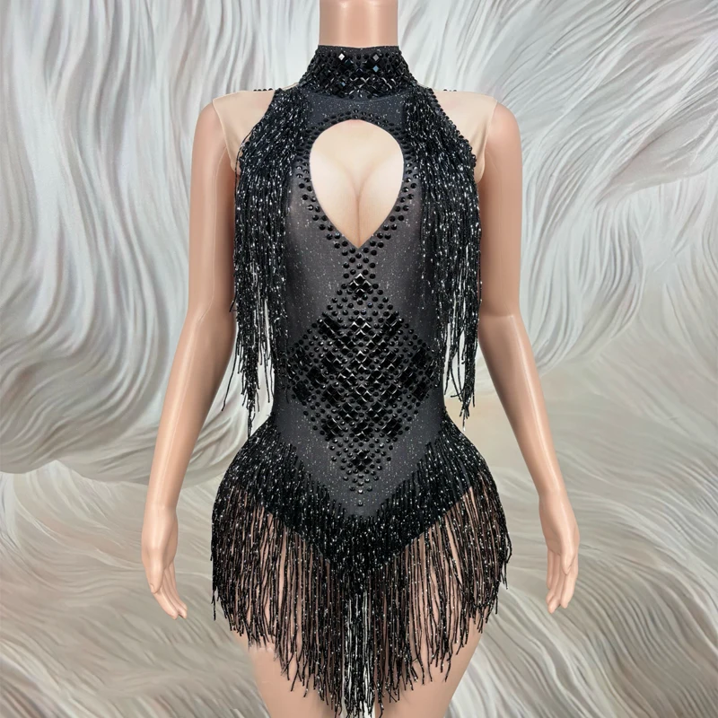 

Blue Rhinestones Fringed Bodysuit Nightclub DJ Gogo Dancer Costume Halloween Sexy Pole Dance Festival Outfit Rave Wear XS10624