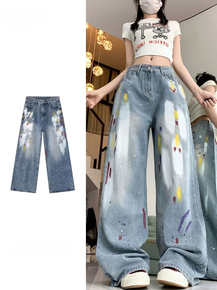 

Loose Women's Denim Jeans Graffiti Straight Leg plus Size Summer New Design High Waist Long Pants Versatile Casual Trousers