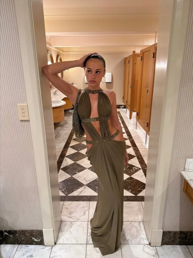 

Women's Casual Halter Dresses Luxury Rhinestone Trim Cutout Maxi Gown Slim Floor Length Dress Club Party Formal Cocktail Outfit