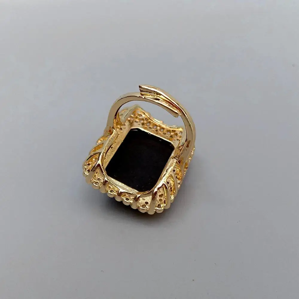 YYGEM 23x27mm Black Onyx Rectangle Cz Pave Ring Gold Plated Adjustable Ring Fashion Party Jewelry - view 4