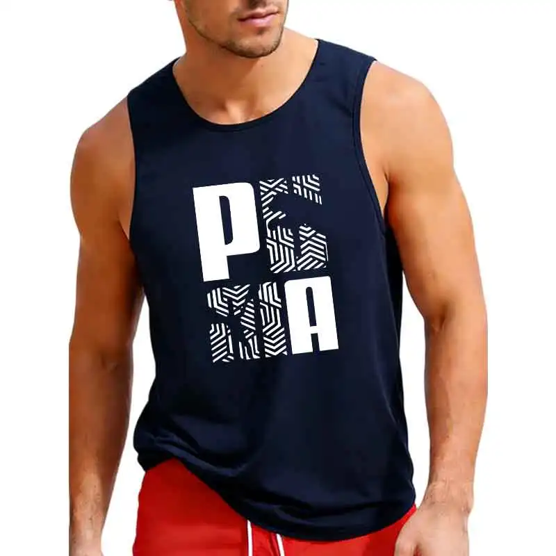 Herren Casual Ärmelloses Tanktop mit Geometrischem Buchstabendruck, O-Ausschnitt, Atmungsaktiv, Sommer Fitness Workout Sportweste