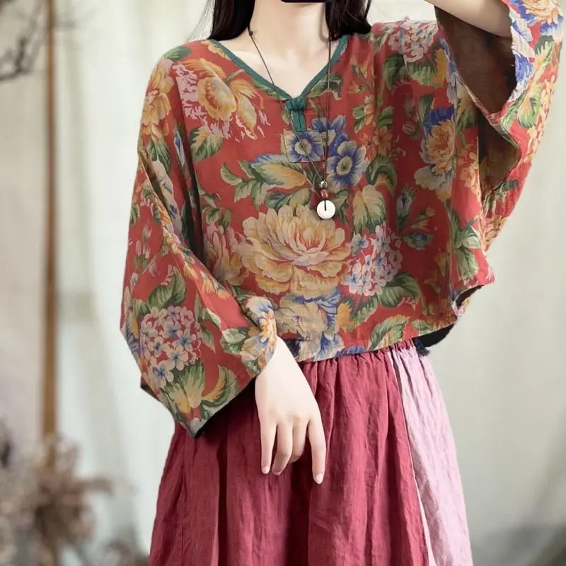 

Retro Ethnic Flatwing Sve V-Ne Seven-Quarter Cotton Linen Women's Summer irt Design Sense Top Commute Sle Loos...