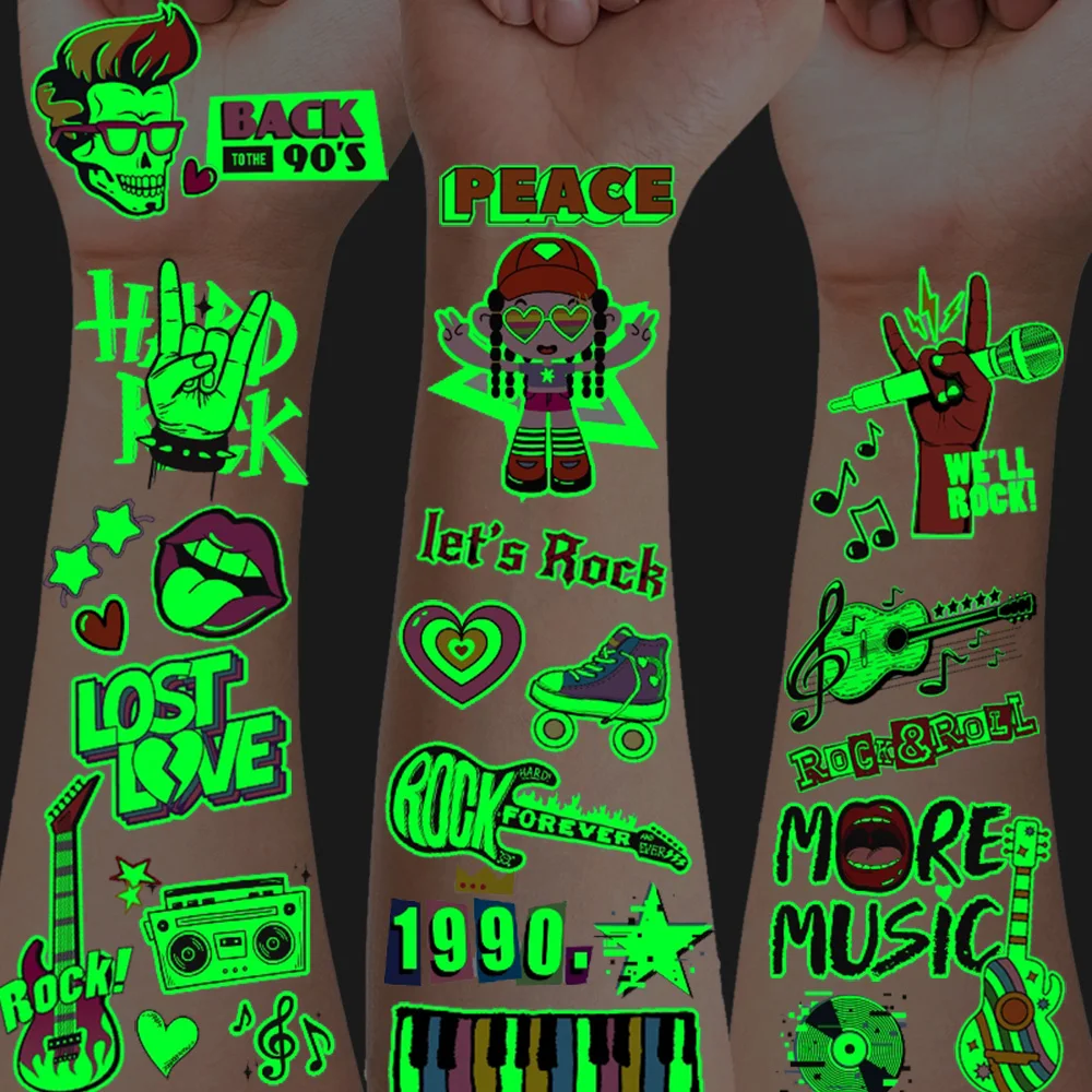 12 Sheets Luminous Rock Music Temporary Tattoos, Rock & Roll Nightclub Music Festival Parties Decor, Birthday Party Favors Gifts