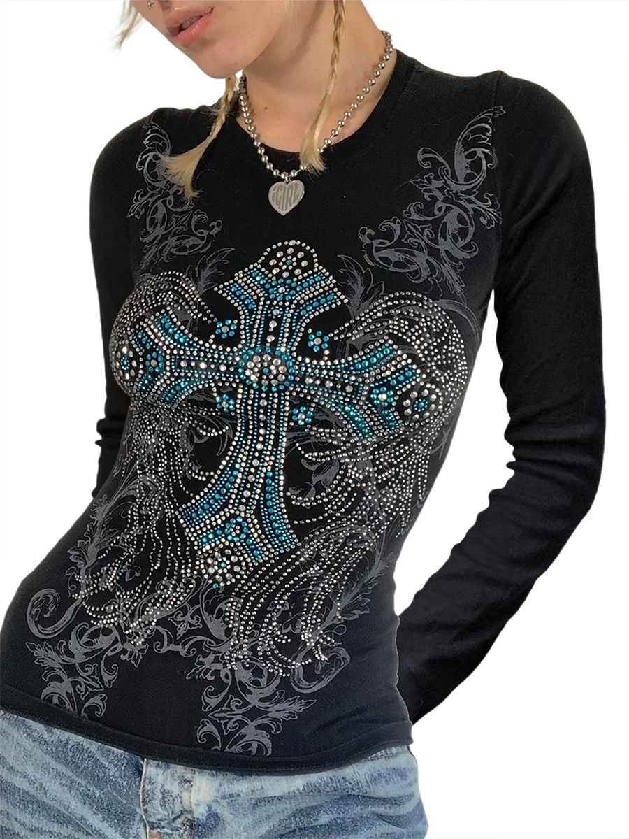 Women’s Slim Round Neck Long Sleeve T-shirts Cross Rhinestone Pattern Tops Clubwear for Spring Summer