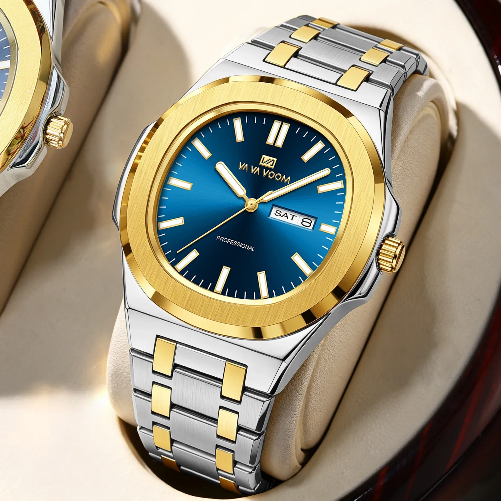 VA VA VOOM Unique Blue Golden Quartz Watch Men Classic Design Creative Design Dial Hot Selling Fashion Steel Men Watch AAA Clock