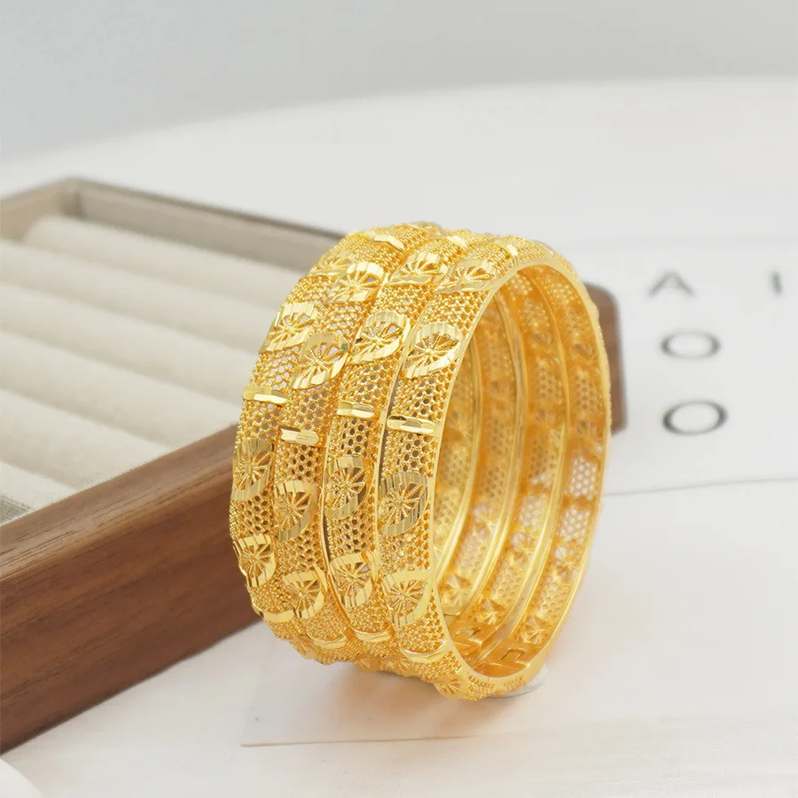 9999 Gold Middle Eastern Lady Hollowed-Out Floral Design Open-ended Bracelet