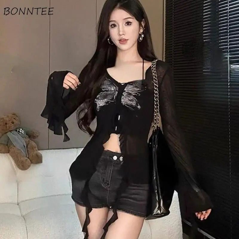 Sun-proof T-shirts Women Lace-up Sexy Hot Girls Summer Transparent Butterfly All-match Fashion Y2K Ruffles Slit Square Collar