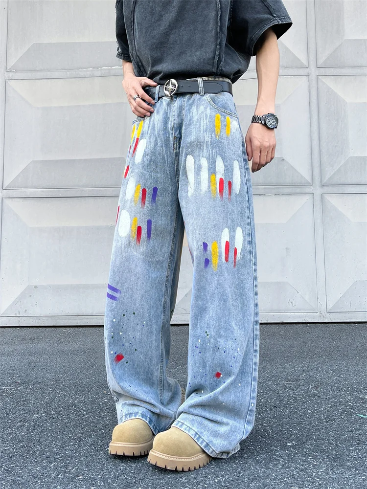

Trendy Graffiti Dyeing Loose Men's Jeans High Street Retro American Small Audience Straight Leg Wide Leg Long Pants