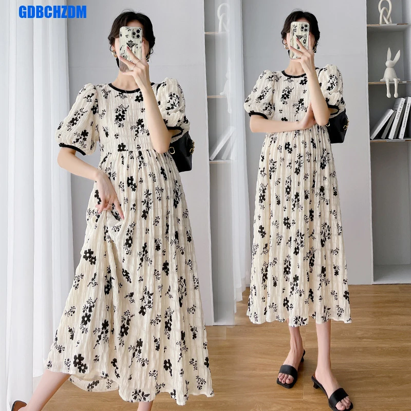 

Maternity Dresses New 2023 Summer Temperament Pleated Casual Dress Korean Loose Floral Short-sleeved Fashion Pregnancy Skirt