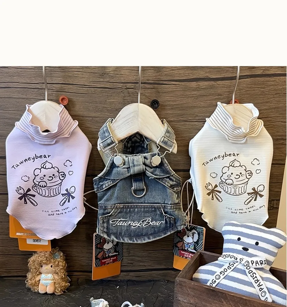 

Fall New Style Pure Cotton Pet Base Shirts Popular Cartoon Print Stripe Design Dog Clothes And Denim Dresses