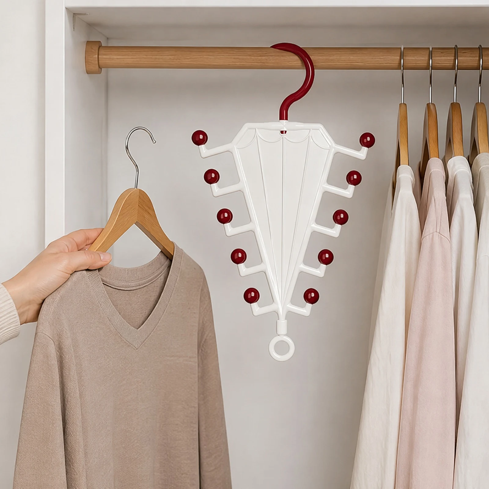 Space-Saving Hanger Holder with 10 Anti-Slip Hooks Multi-Layer Vertical Storage Rack for Hats Scarves Belts Bags and Ties