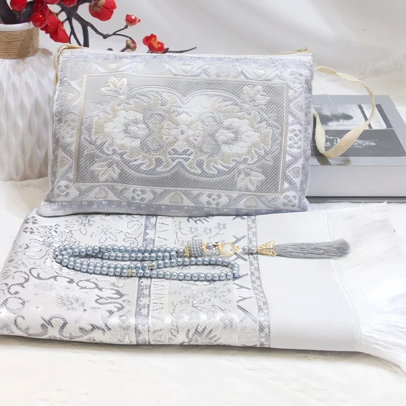 Muslim Prayer Rug with Prayer Beads and Portable Bag Muslim Gift Islamic Soft Mat Gifts Set Turkish Carpet for Ramadan Eid Hajj 4