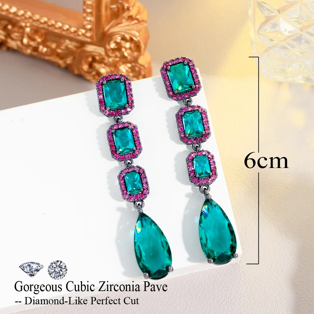 CWWZircons Elegant Water Drop Green Crystal and Rose Red Cubic Zircon Long Dangle Party Engagement Earrings for Women CZ485