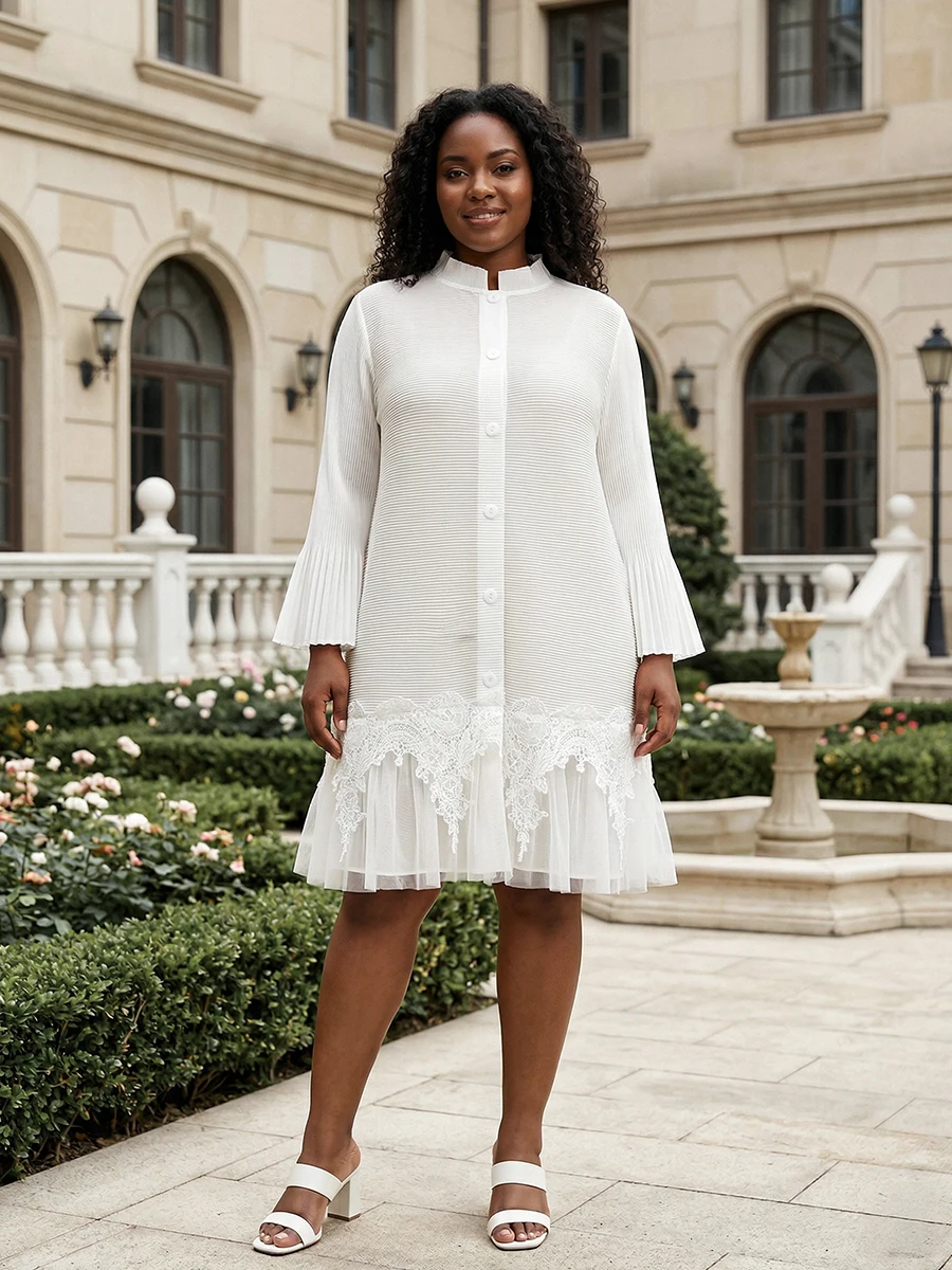 2026 Women's Plus Size Elegant Loose Pleated Lace Buttoned Front Opening Knee-Length Fashion Dress Spring/Summer Collection