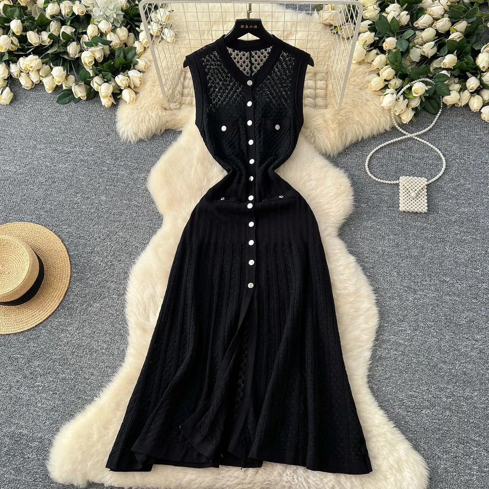 Marca YuooMuoo, vestido de verano tejido de un solo pecho a la moda para mujer, vestido camisero largo acampanado con bolsillos Vintage, batas elegantes para vacaciones