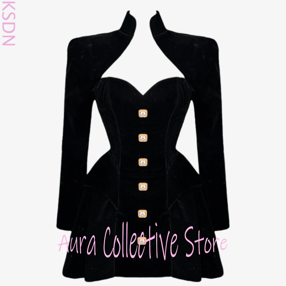 Luxe Fashion Black Velvet Mini Gown Chic Long Sleeve Cocktail Dress Keyhole Neck Gold Buttons for Party Evening Formal Wear