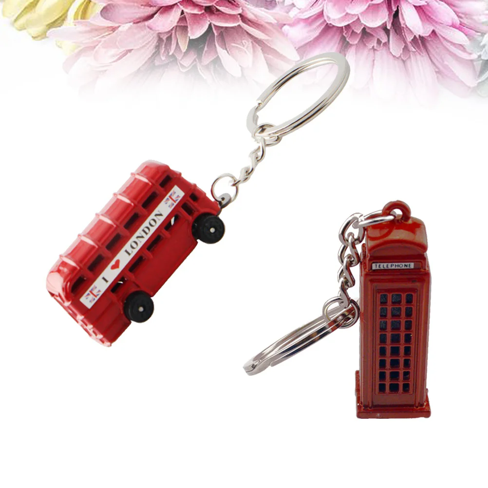 4 Pcs Key Holder Metal Chain Double Deck Bus Keychain Phone Booth Keyring Layer