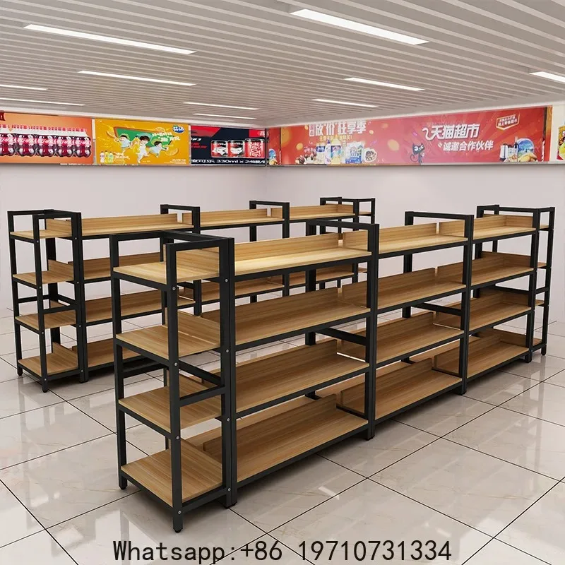 Customized. Supermarket Shelf Island Rack Convenience Store Product Display Rack Double-Sided Cargo Steel Wood Stationery Store