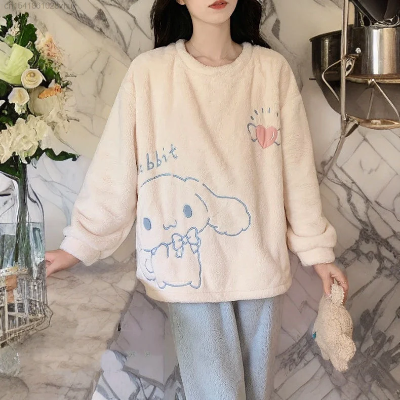 Sanrio Cinnamoroll New Flannel Set With Chest Cushion Pajamas Disney Stitch Cute Coral Plush Home Fur Pyjama Set Sleepwear Girls