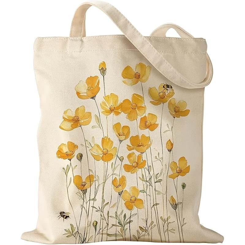 A Flower Pattern printed canvas tote bag, suitable for daily use, shopping, school, and travel