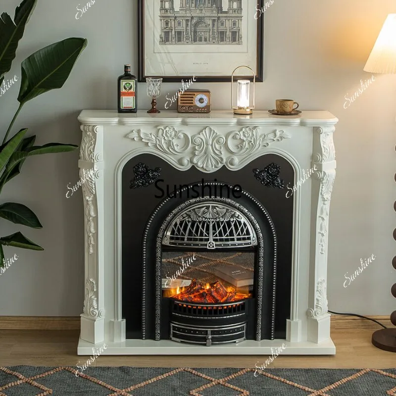French decorative retro solid wood fireplace cabinet sculpture simulation fire